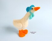 Felted Animal White Goose wearing a Blue Bonnet Soft Sculpture Art Doll