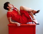 60s mod retro red crepe and beige lace wiggle dress S