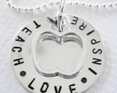 Teacher Appreciation Gift - Apple Charm - Sterling Silver - Personalized Hand Stamped - Teach Love Inspire