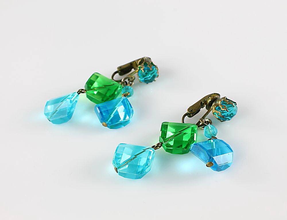 Vintage West Germany Blue Green lucite Earrings dangle