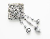 Vintage Filigree Silver Rhinestone Beaded Dangle Brooch