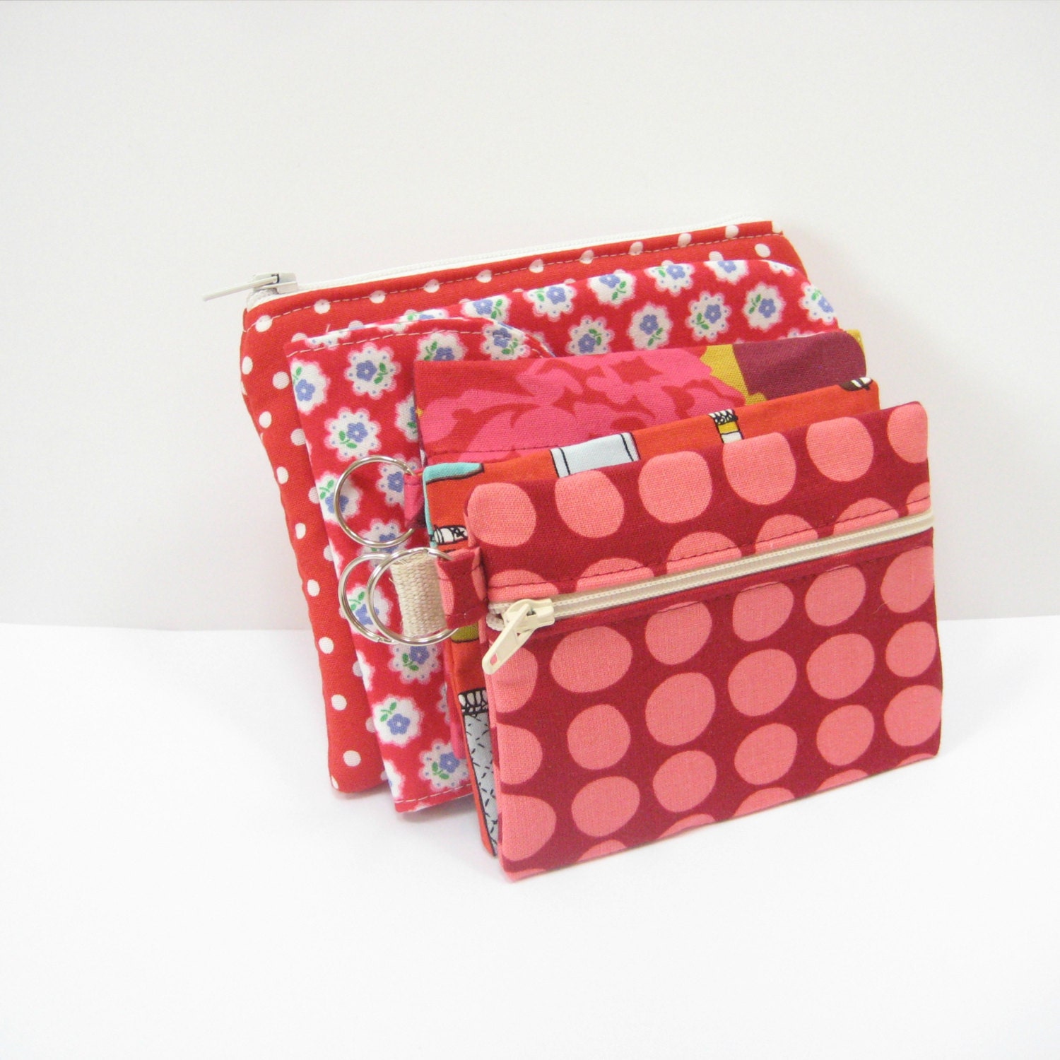 Gift set of 5 five red coin purses, padded camera pouch and Velcro pouch. Bridesmaid gift ideas in bright red