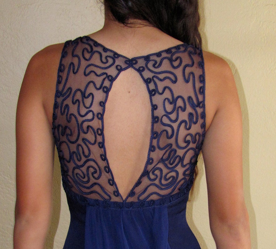 Jessica McClintock Petite 1990's Blue Full Length Dress with Open Weave Mesh Back and Chiffon Accent - Size Small
