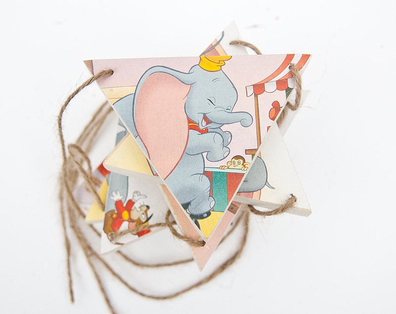 Dumbo Wooden Nursery Rhyme Bunting. Handmade from Disney Storybook Pages & Natural Wood. Wooden Bunting