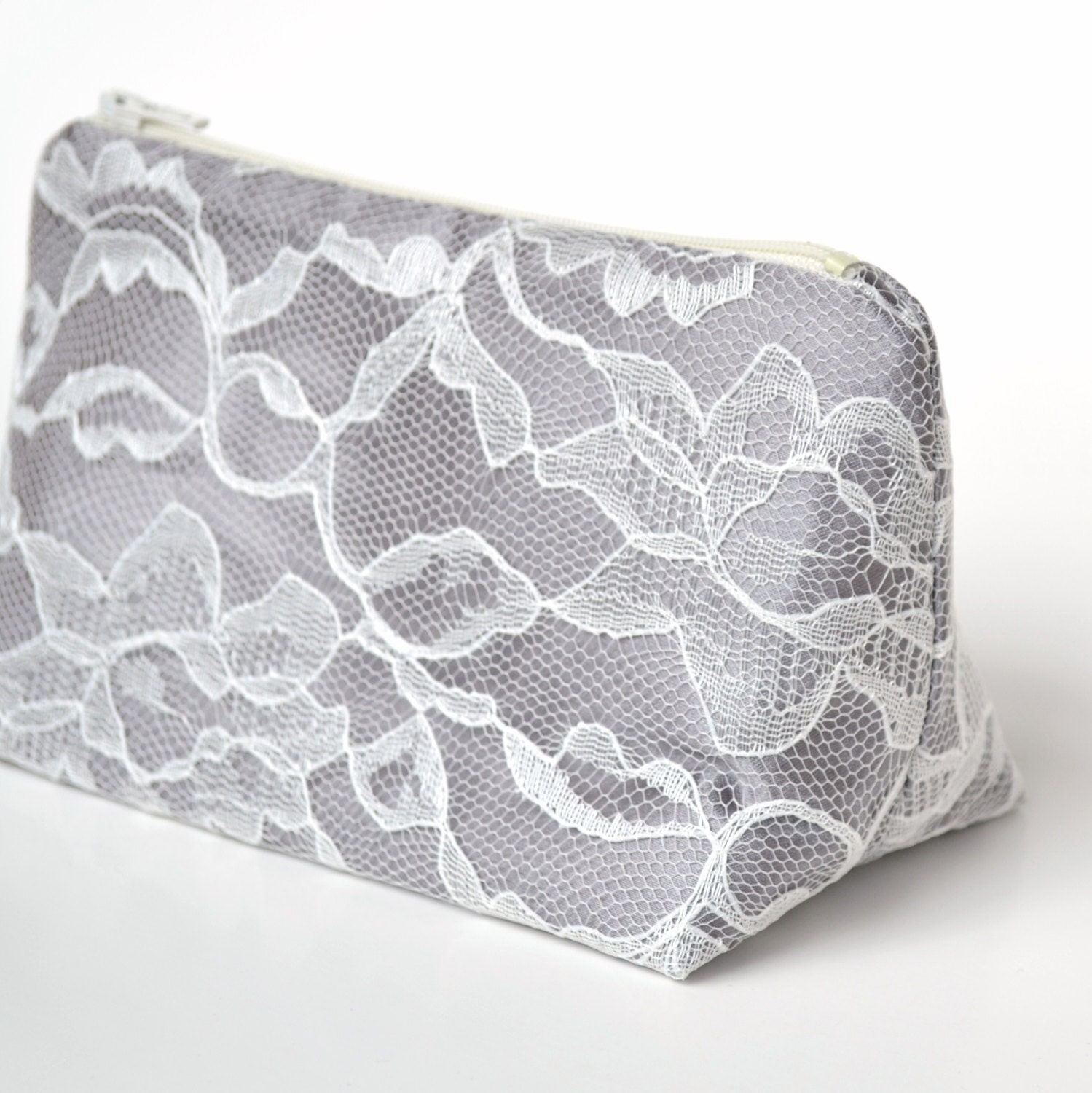 Gray Wedding Bridesmaid Gift Grey Satin & Ivory Lace Cosmetic Bag - Wedding Favor, Bridal Accessory, Vintage Wedding, Bridal Clutch