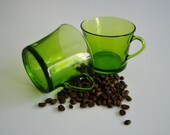 Vintage Mugs - Cappuccino Coffee Mug Set - Duralex France Leaf Green Glass