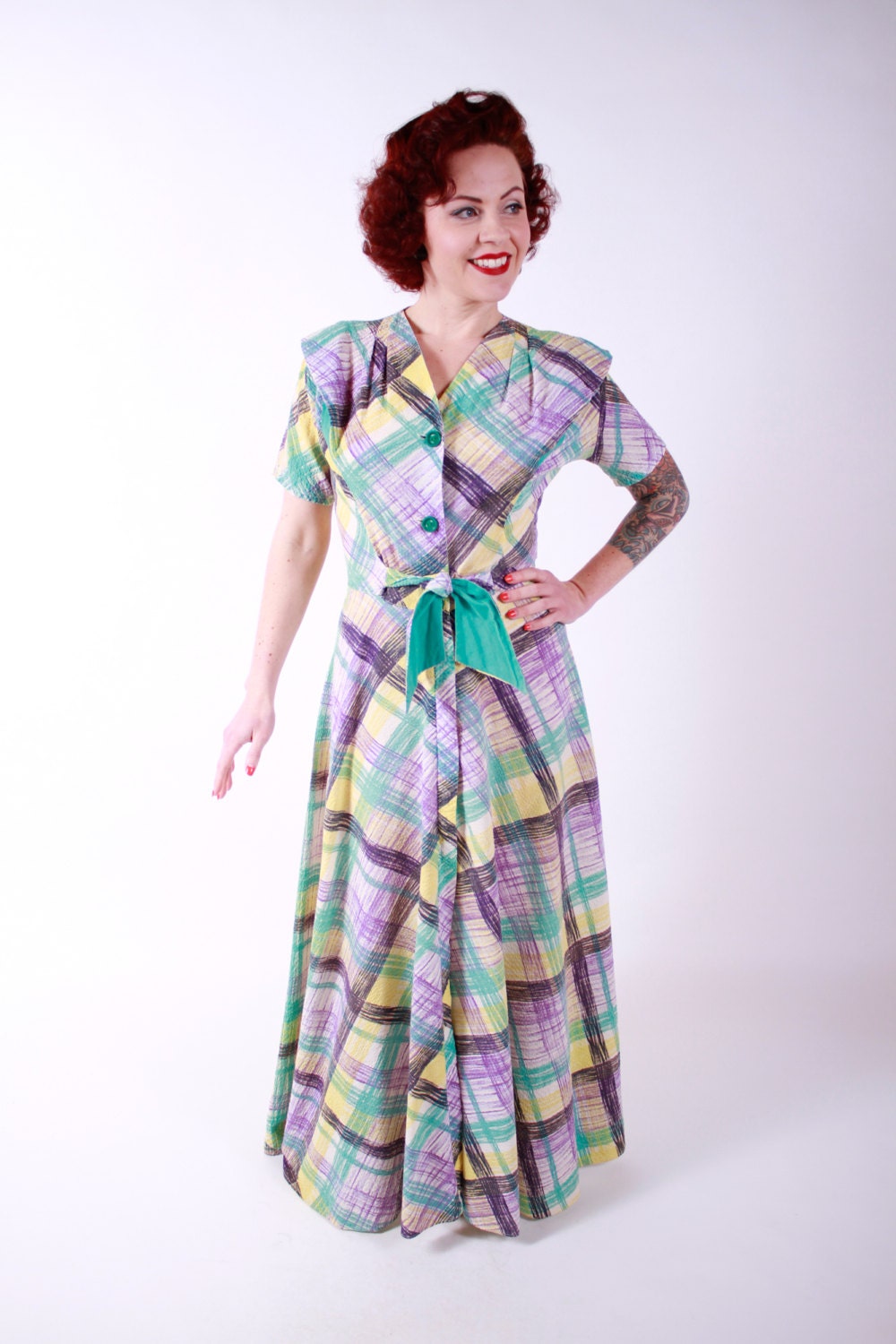 1940s Vintage Dress...Spring Fashion Purple Green Yellow Cotton Plisse 40s Loungewear Dress with Full Skirt Size Small