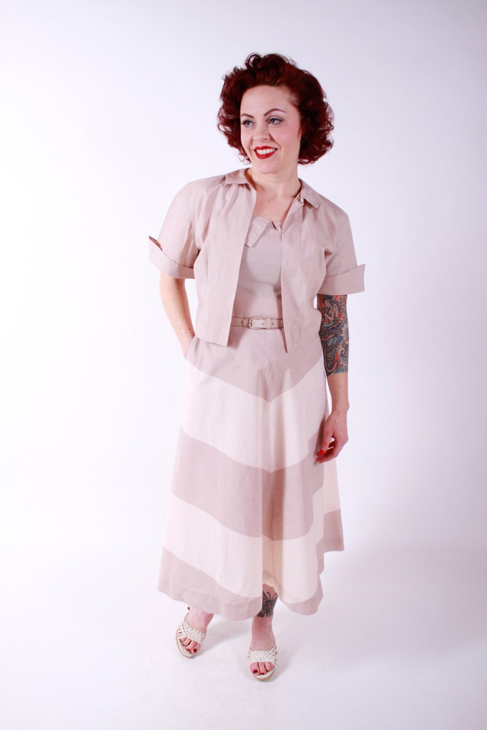 1950s Vintage Dress...Spring Fashion Neutral Chevron Striped Cotton 50s Sun Dress with Matching Bolero Jacket Size Small