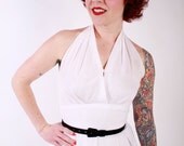 1950s Vintage Dress...Spring Fashion White Cotton 50s Halter Dress with Pleated Skirt Shelf Bust Matching Bolero Size Small