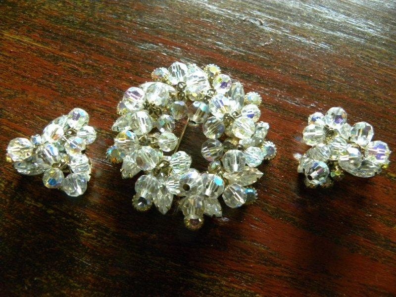 Vintage Crystal AB Brooch And Earring Set