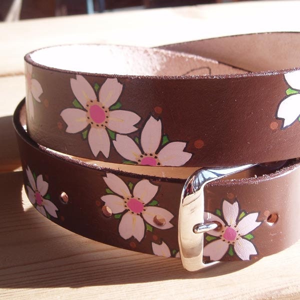 Hand-painted leather belt - cherry blossoms