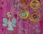 Fairy Floral Bliss.....Original Mixed Media Painting.....Upcycled Wooden Wall Hanging...Wall Art...Whimsical