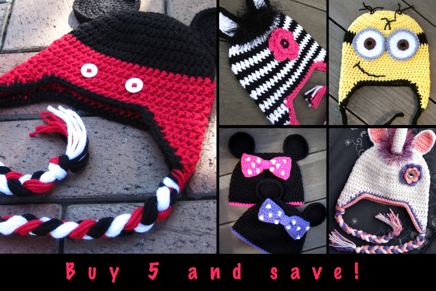 Pick 5 Crochet Hat PATTERNS  - Buy 5 patterns and save - email PDF Patterns