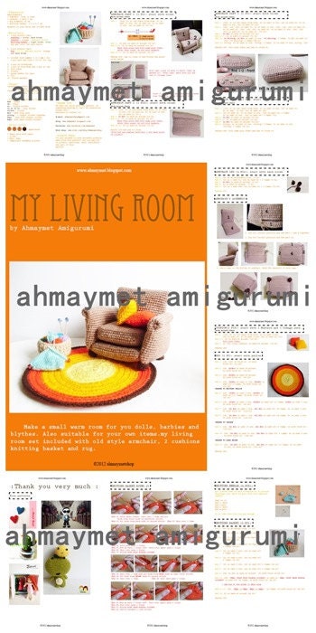 AMIGURUMI PATTERN : Armchair with 2 cushion , rug and knitting basket