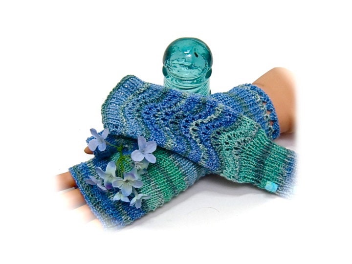Fingerless Gloves blue green teal turquoise gray stretch wool-cotton blend fingering weight yarn texting mitts fine weight MADE TO ORDER