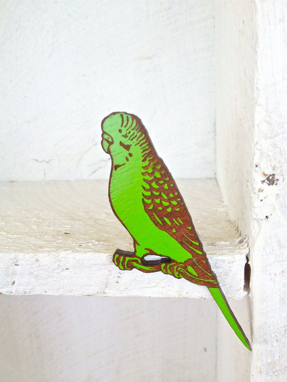 Hand Painted Wooden Budgie Parakeet Brooch - Laser Cut - Green Budgerigar