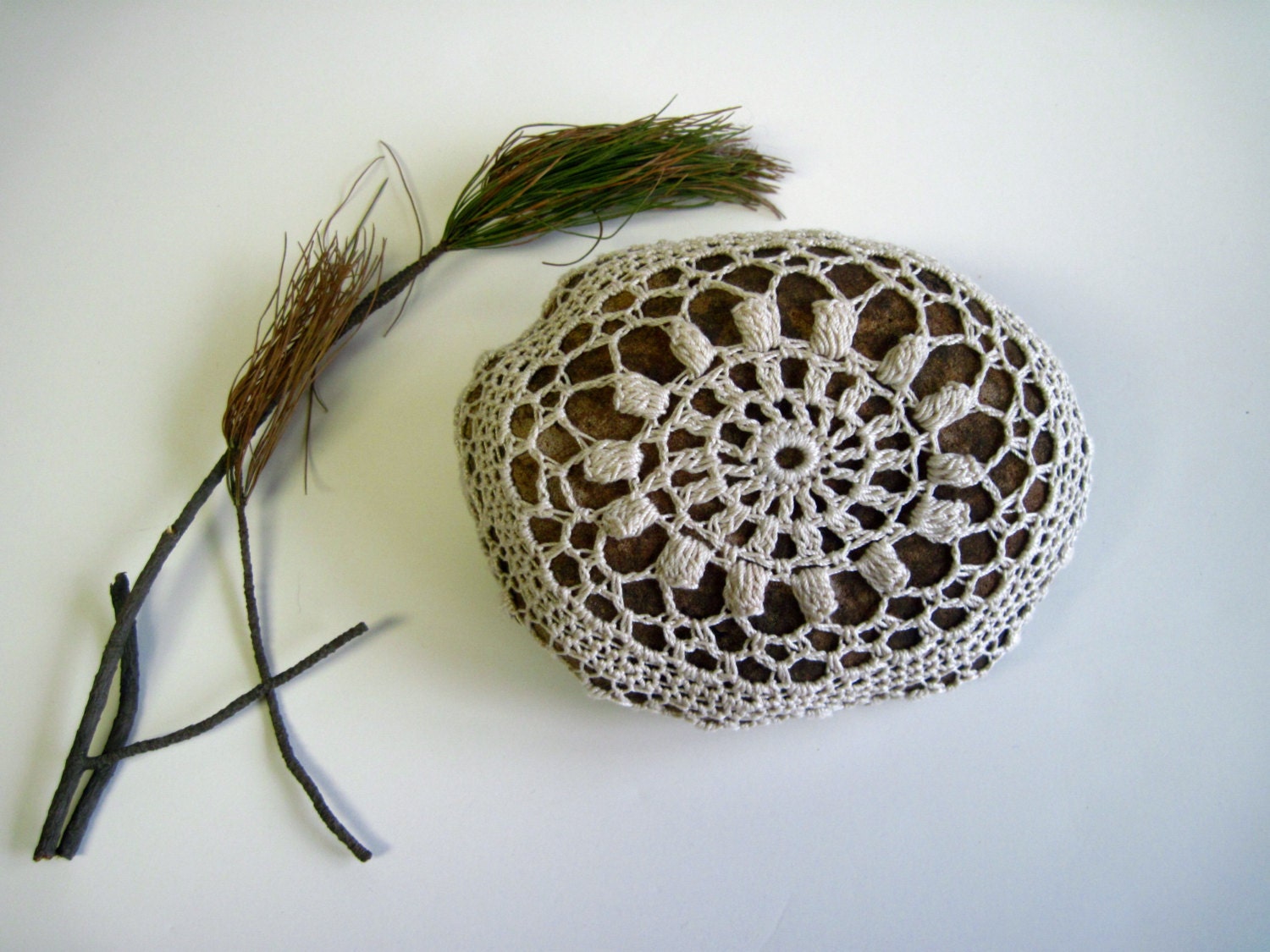 Crochet Lace Covered Stone - Large In Natural Ecru - Design 10