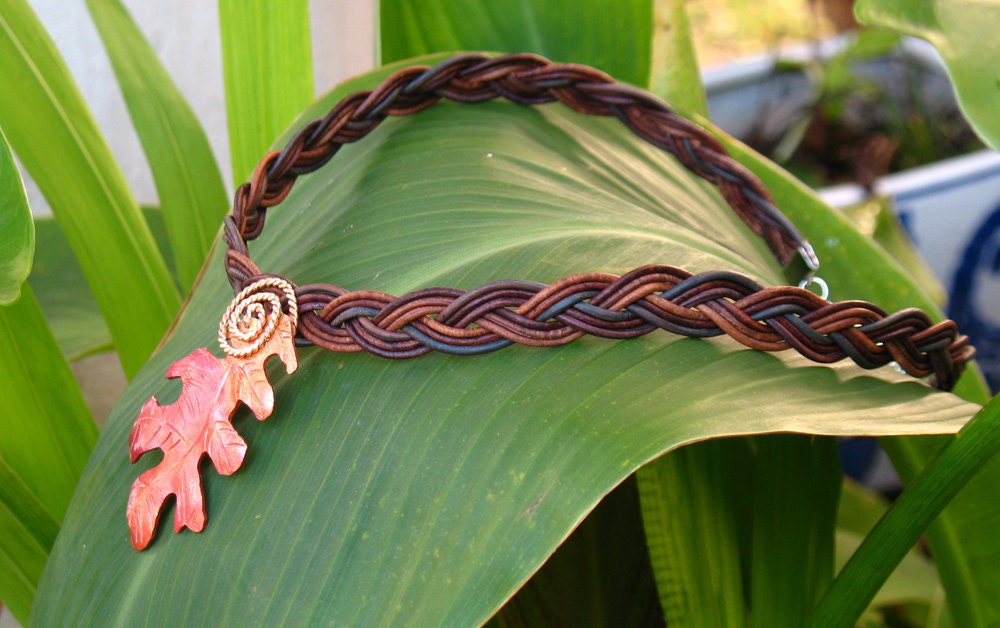 Copper leaf pendant on Leather Turk's Head knot choker necklace with silver clasp