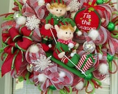Deco Mesh Sledding Elves with Gifts Wreath,  Winter Wreath, Christmas Wreath, Holiday Wreath, Tis The Season Wreath