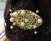 pearl & gold hair barrette - freshwater ivory white round pearl gold filligree wedding hair clip slide