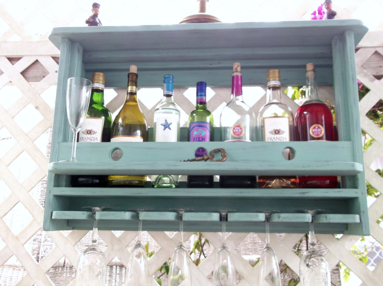 Wine Rack..Wall Display Shelf .. Stemware Rack ..Jade & Black..or You Choose Color..Beach Cottage...