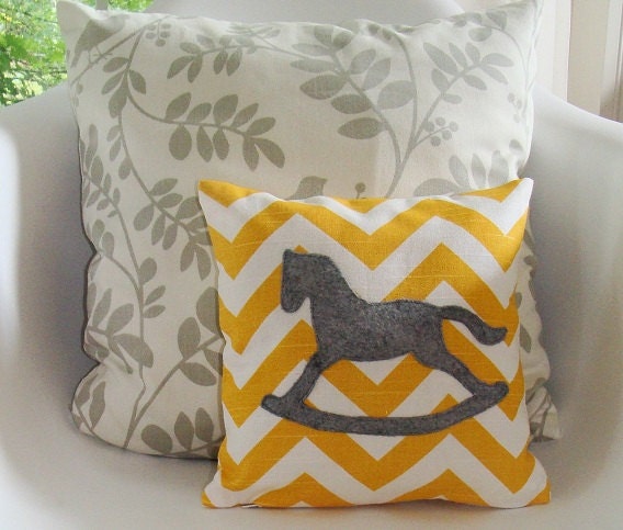nursery accent pillow chevron yellow and white felt embridery rocking horse vintage inspired decorative nursery pillow