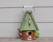 Vintage Copper Tea Kettle Birdhouse, Whimsical Birdhouse, Lime Green, Decorative Birdhouse, Outdoor Birdhouse, Repurposed, Recycled