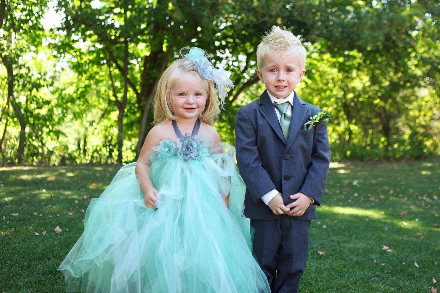 Beautiful Sage and Ivory Tulle Dress with Charcoal Grey Accents