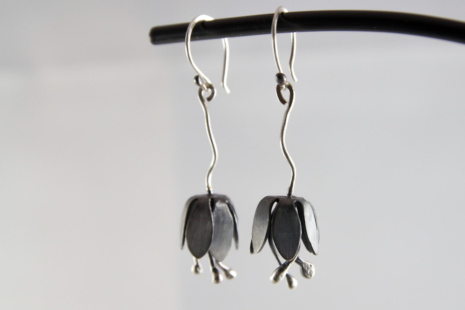 Sterling Silver Tulip Earrings- Black Tulip Dangle Earrings-Chic Earrings-Unique Earrings Under 70