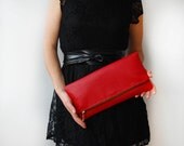 Large Red/Green/Pink/Gold Leather Clutch.  Foldover Bag.