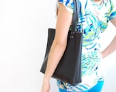 Black Leather Tote Bag.  Unlined. Gusset.