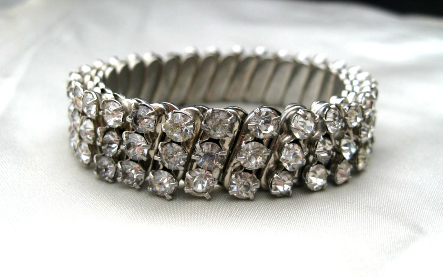 Vintage Rhinestone Bracelet - 1950s - Stretchy - Prong Set Costume Jewelry - Sparkly Bangle
