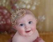 baby girls headband beige tan double fabric flowers golden pearl center ready to ship in any size