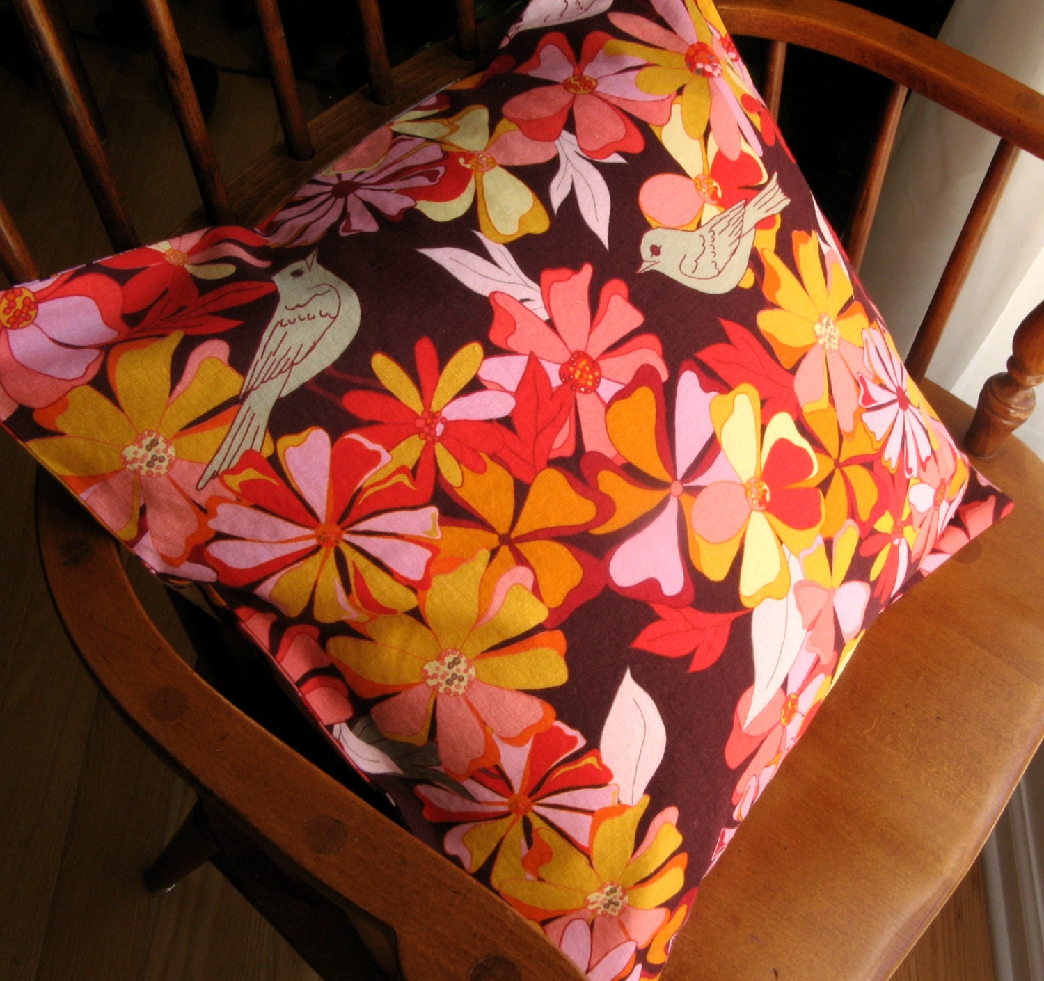 Merlot Floral Pillow Cover, Red Orange Pink with Birds, Washable, 18 Inch