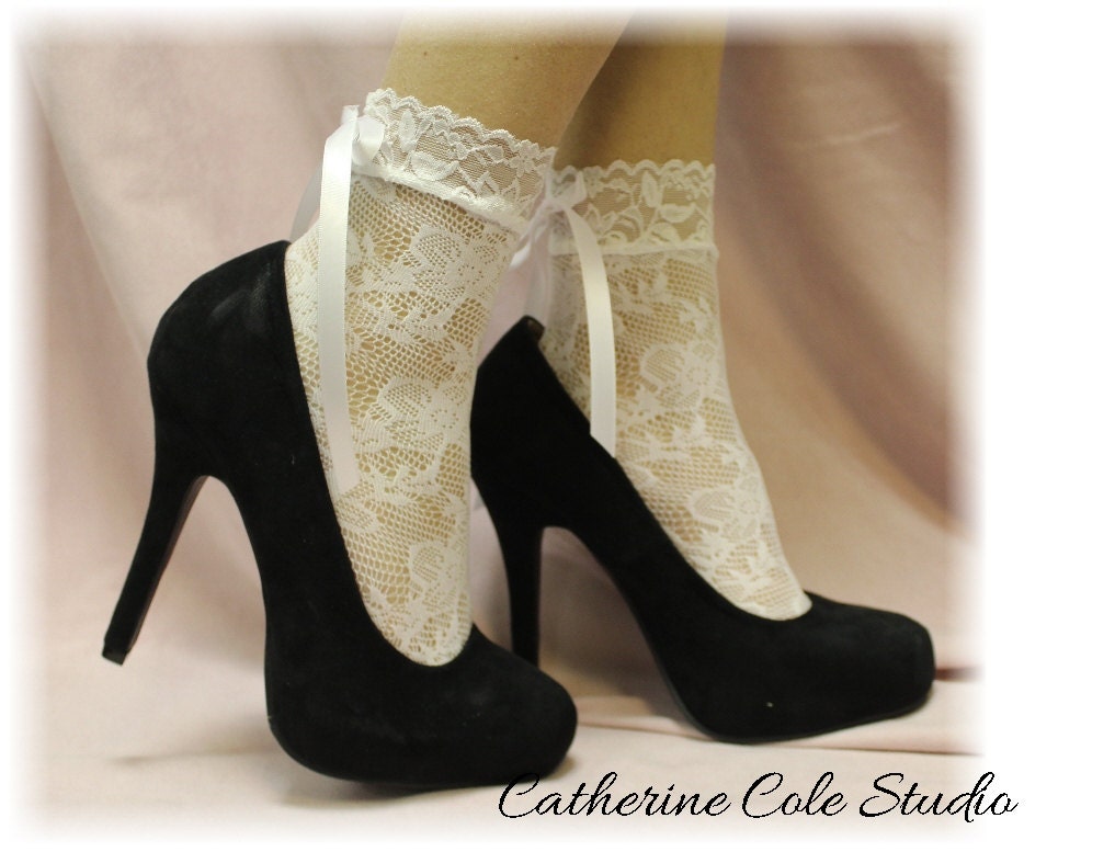 WHITE  Baby doll Lace socks for heels retro 80"s look Holiday parties stretch lace socks flats or heels catherine cole studio FT5