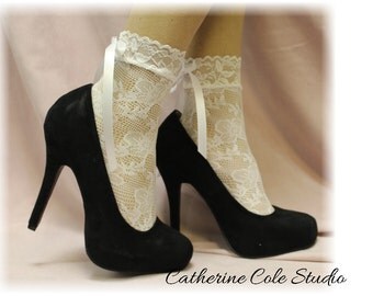 WHITE  Baby doll Lace socks for heels retro 80"s look Holiday parties stretch lace socks flats or heels catherine cole studio FT5