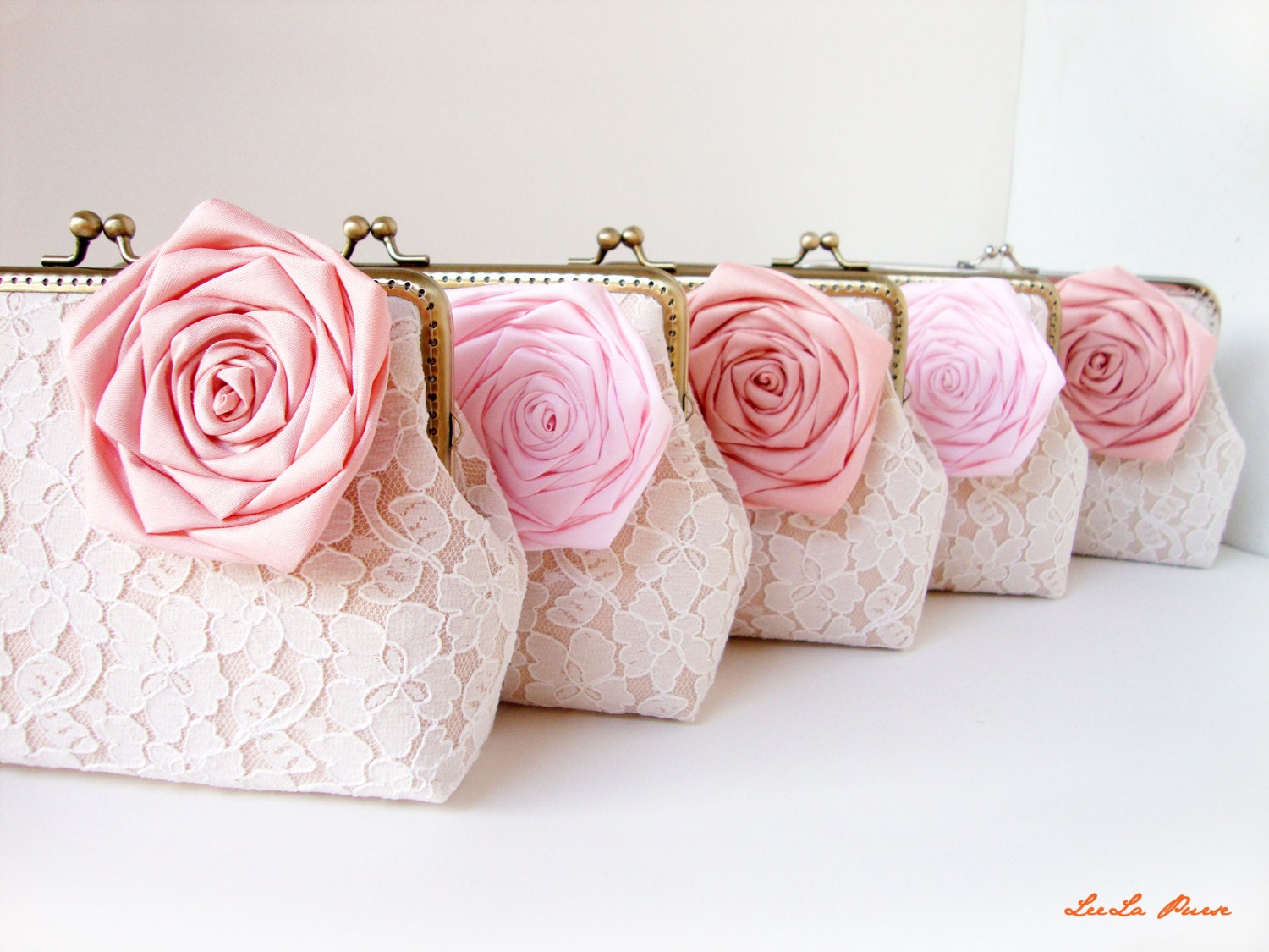 Personalized Bridesmaid Gifts Clutch with Set of 5 Ivory Lace Clutches and shades of Pinks
