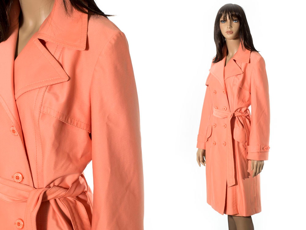 Vintage Peach Sherbet Double Breasted Belted Trench Coat Jacket Outerwear