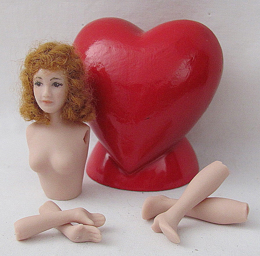 Vintage Hand Painted (Ginger) Porcelain Doll Head and Torso with Mohair - Arms and Legs - Doll Parts - Supplies