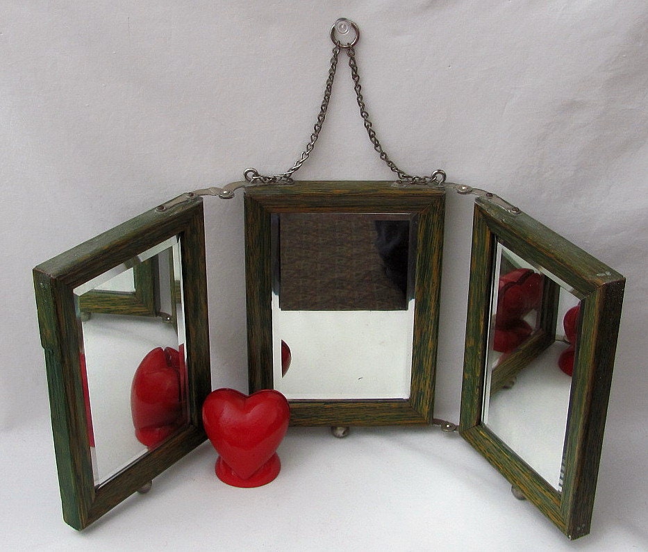 Antique Folding Travel Hinged Travel Mirror with Leather Backing - Circa late 1800s Eary1900s Victorian Style