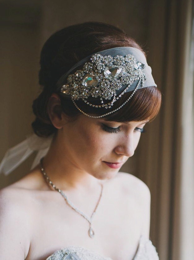 Crystal Headband Veil Head Wrap Art Deco Vintage Inspired Tulle Veil Great Gatsby Wedding Veil 1920's Style - Made to Order - WHITNEY