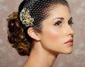 Bridal Veil, Bandeau Veil with Gold and Crystal Comb, Rhinestone Veil, Wedding Blusher Veil - READY TO SHIP - The Lana Veil