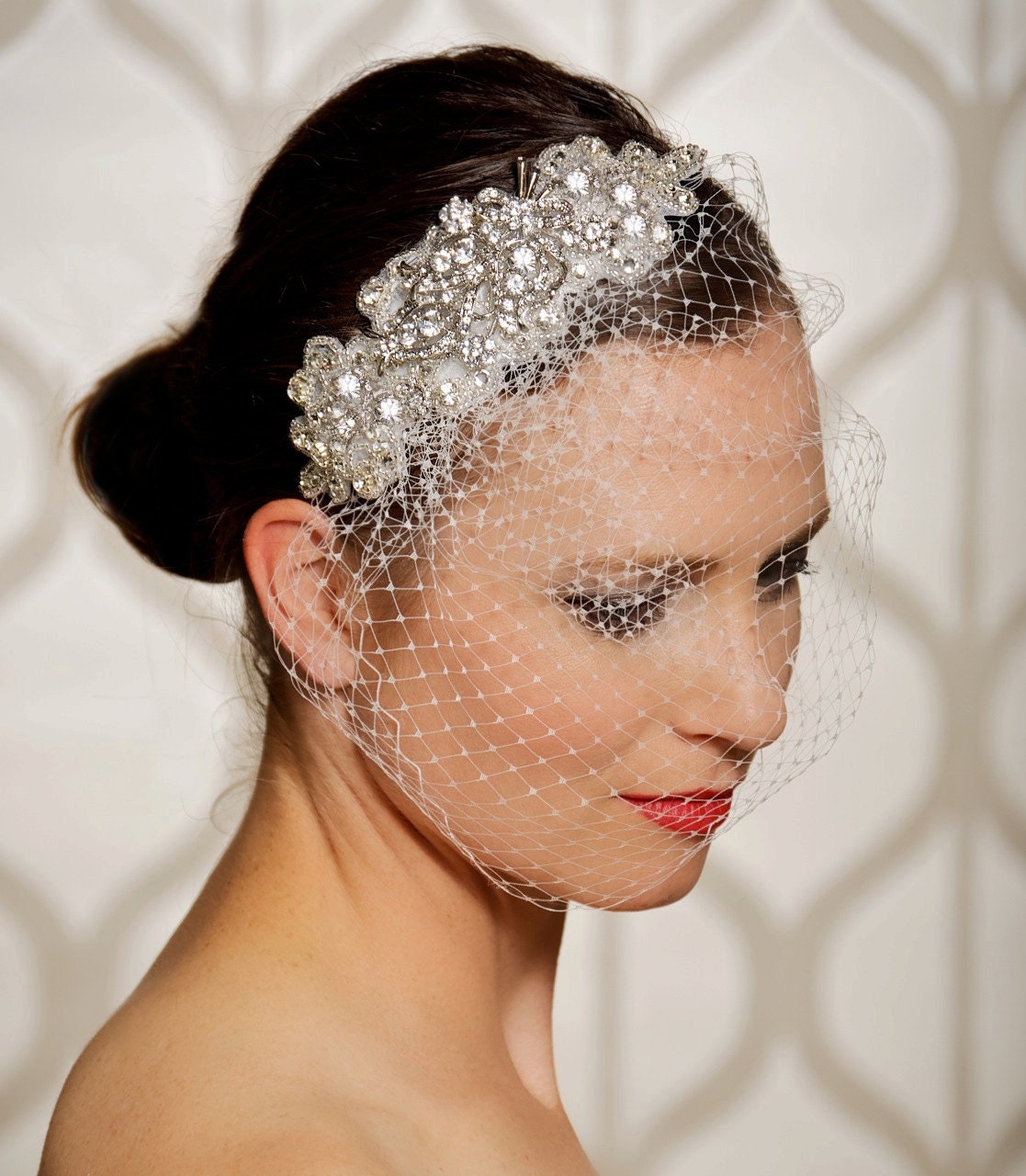 Birdcage veil, Rhinestone Veil, Crystal Veil, Jeweled Veil, Blusher Veil, Crystal bridal Headpiece - Made to Order -MARGOT