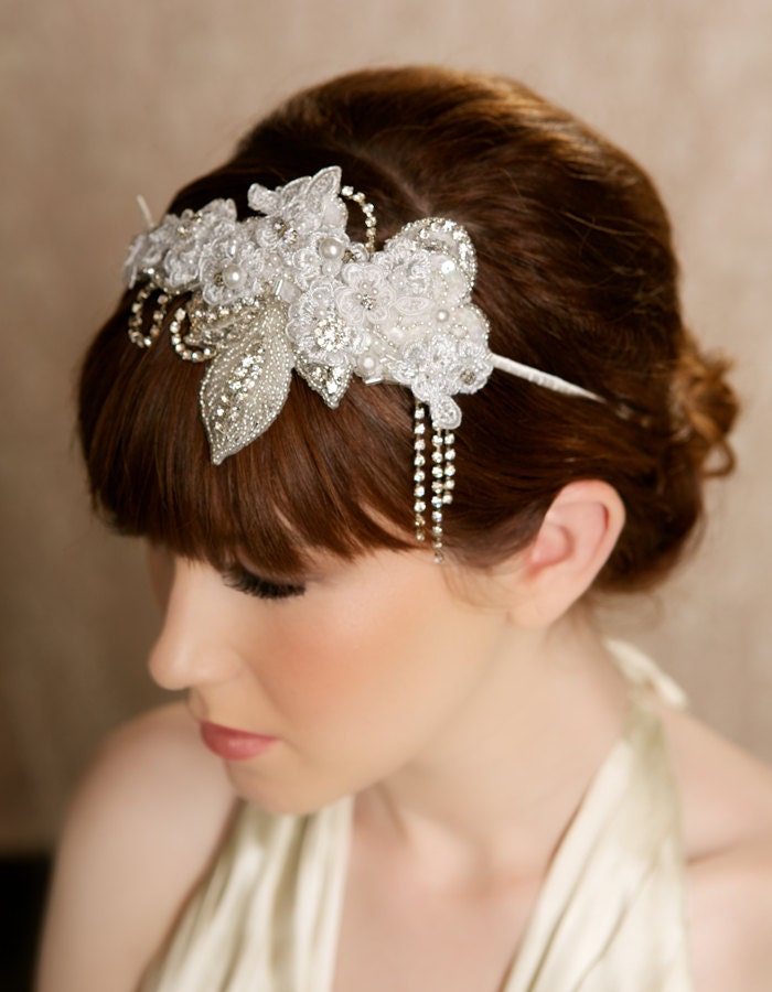 Silver Crystal Bridal Hair Piece, Bridal Headband, Rhinestone Lace Headband, Classic Wedding Crown, Elegant Headpiece - LORETTA