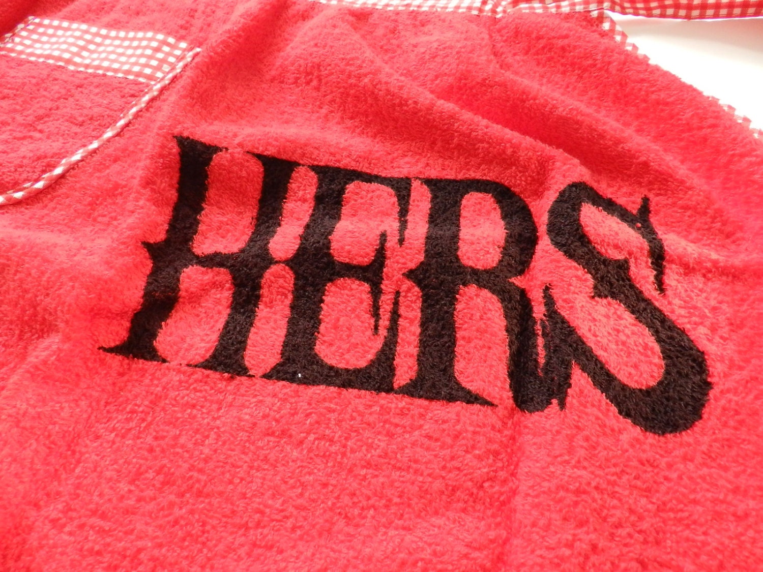 Vintage Red Terrycloth and Red White Gingham Cotton Apron Hers