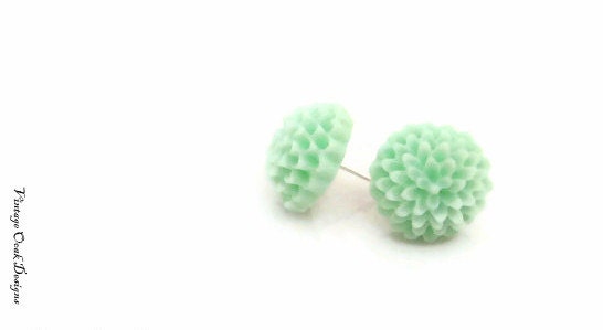 Mint Mum Studs, Pom Pom Mum Stud  Earrings, Mint ear Studs, Bridesmaids Gifts, Summer Trends