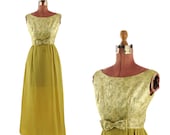 Vintage 1960's Summer Olive Green Metallic Sheer Chiffon Maxi Party Dress S
