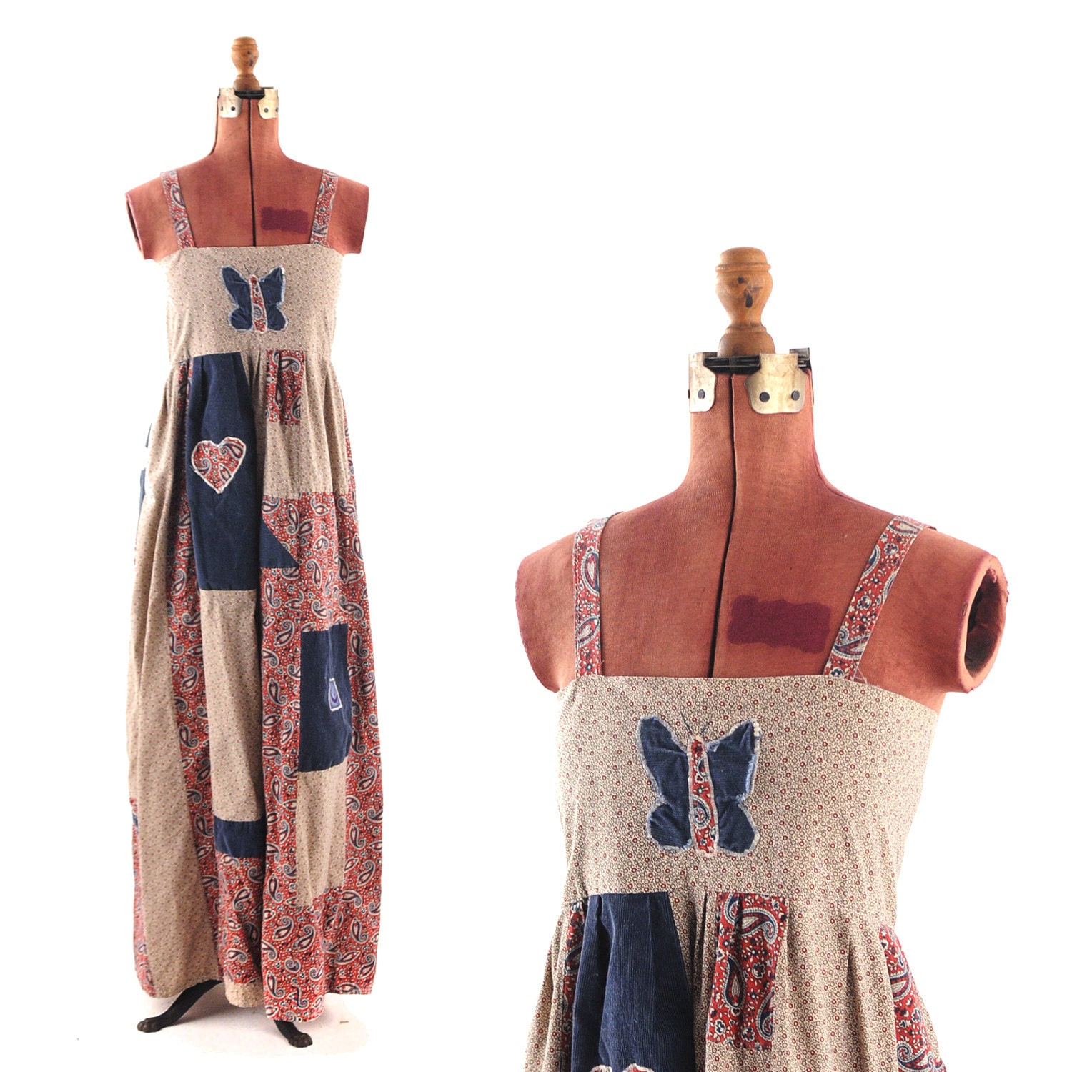 Vintage 1960's Hippie Empire Waist Cotton Bohemian PATCHWORK Sun Dress S