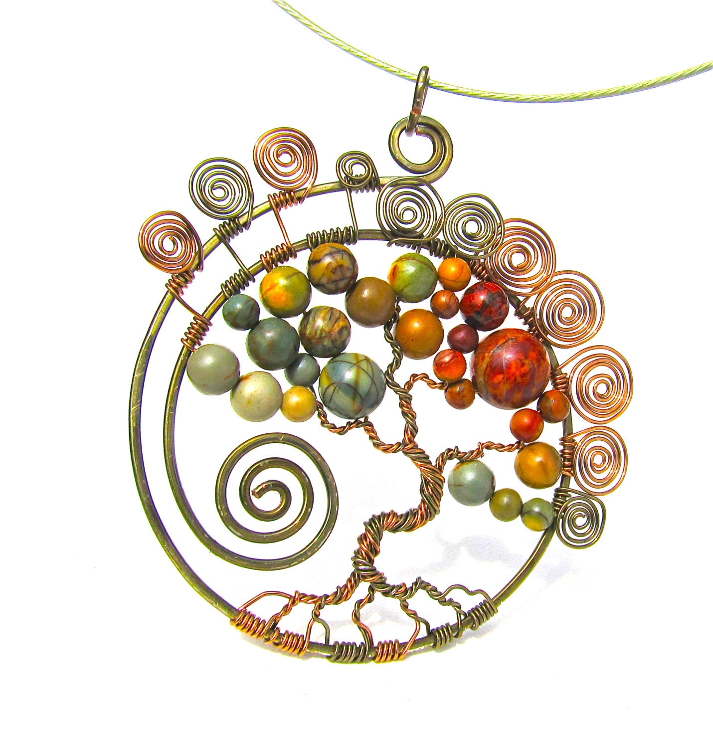 Red Creek Jasper Tree of Life Pendant on Antique Bronze and Copper Wire with Red Creek Jasper beads