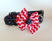 Patriotic Flag Stars Chevron Bow Dog Collar size Medium